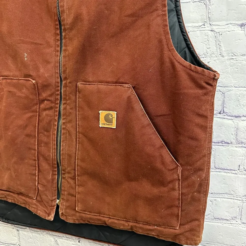 Vintage Carhartt Clay Red Quilted Duck Canvas Workwear Vest Men's Large V02 CLY